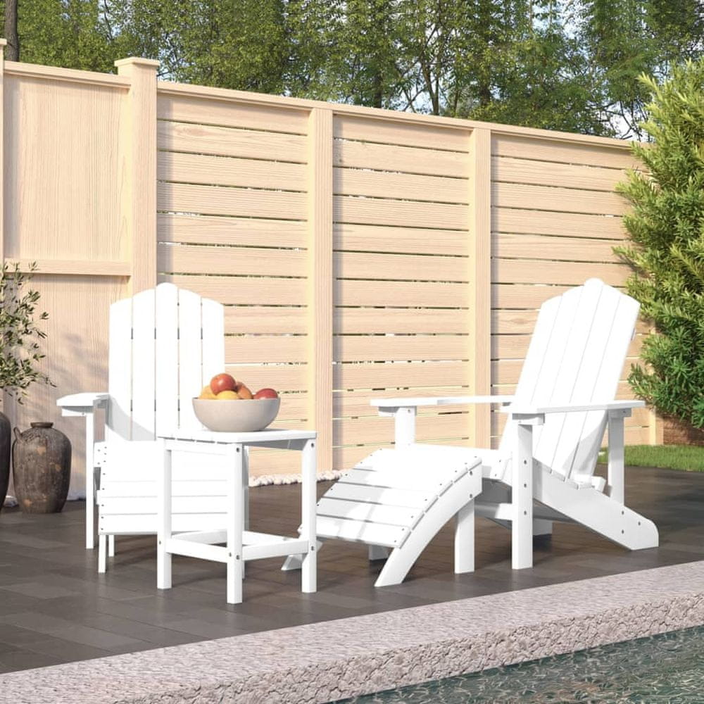 Vidaxl Záhradné stoličky Adirondack s podnožkou a stolíkom HDPE biela